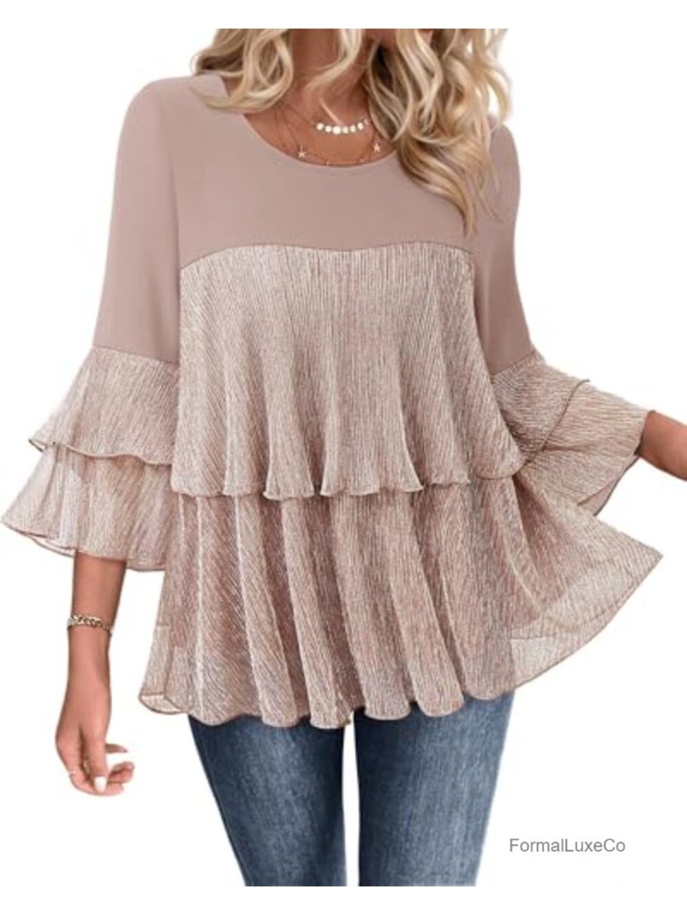 Sparkly Sequin Peplum Blouse 3/4 Sleeve Elegant Party Top